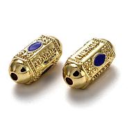 Brass Enamel Beads, Long-Lasting Plated, Real 18K Gold Plated, Oval & Word, Blue, 19x9x9mm, Hole: 2mm(KK-B028-23G-C)