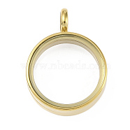 Ion Plating(IP) 304 Stainless Stee Locket Pendants, with Glass, Flat Round Charm, Real 18K Gold Plated, 26x19x6mm, Hole: 5mm(STAS-S132-16G-02)