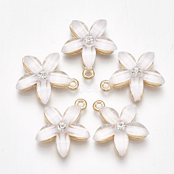 Alloy Pendants, with Resin and Rhinestone, Flower, Crystal, Light Gold, White, 21.5x18.5x5mm, Hole: 1.5mm(PALLOY-S177-01E)
