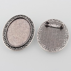 Vintage Alloy Brooch Cabochon Bezel Settings, Cadmium Free & Lead Free, Antique Silver, Oval Tray: 35x25mm, 44x34x2mm, Pin: 0.8mm(X-PALLOY-O038-14AS)