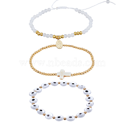 ARRICRAFT 3Pcs 3 Style Rosary Bracelets Set with Virgin Mary Charm, Natural White Jade & Evil Eye Lampwork & Synthetic Turquoise Cross Beaded Stretch Bracelets for Women, Golden, Inner Diameter: 2~4-1/4 inch(5.15~10.8cm), 1Pc/style(BJEW-AR0001-04)