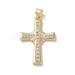 Brass Micro Pave Cubic Zirconia Pendants, Cross, Real 18K Gold Plated, 30x20.5x2.5mm, Hole: 5x3mm(KK-A212-07C-G)