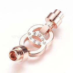 304 Stainless Steel Fold Over Clasps, with Rhinestone, Rose Gold, 35x12x7mm, Hole: 4mm(STAS-F123-13RG)
