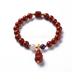 Gourd Cinnabar Mala Bead Bracelets, with Round Amethyst & Rose Quartz Beads, Buddhist Jewelry, Stretch Bracelets, Red, Inner Diameter: 2-1/8 inch(5.5cm)(BJEW-N010-018)