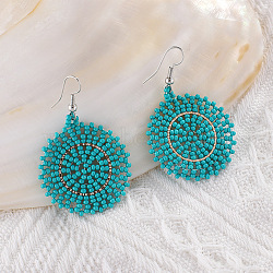 Glass Seed Braided Dangle Earrings for Women, Bohemian Style, Flat Round, Teal, 53x35mm(FIND-PW0024-16F)