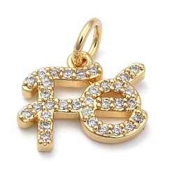 Brass Micro Pave Clear Cubic Zirconia Charms, Long-Lasting Plated, with Jump Rings, Word Fe, Real 18K Gold Plated, 10x13x2mm, Jump Ring: 5x1mm, inner diameter: 3mm(ZIRC-A013-24G)