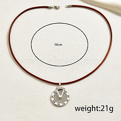 Retro Alloy Hip-hop Style Flat Round with Roman Numerals Pendant Necklaces, PU Leather Cord Necklaces, Silver, 22.83 inch(58cm)(LE7293-2)