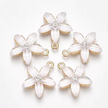 Alloy Pendants, with Resin and Rhinestone, Flower, Crystal, Light Gold, White, 21.5x18.5x5mm, Hole: 1.5mm