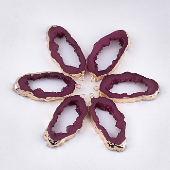 Druzy Geode Resin Big Pendants, Edge Light Gold Plated, with Iron Loops, Medium Violet Red, 51.5x23.5x6~7mm, Hole: 1.8mm