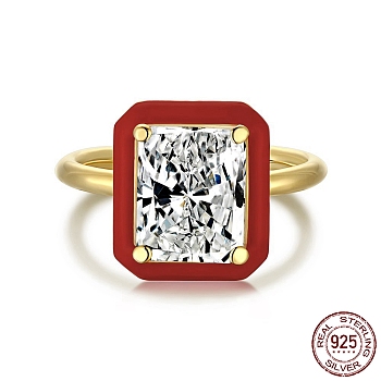 925 Sterling Silver Rings, Birthstone Ring, Real 18K Gold Plated, with Enamel & Cubic Zirconia for Women, Rectangle, Red, 1.9mm, US Size 7(17.3mm)