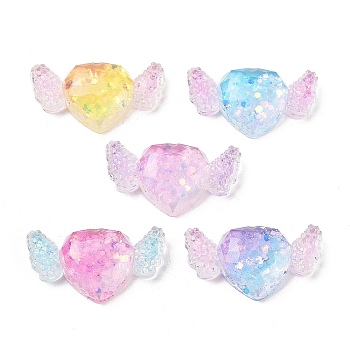 Transparent Resin Decoden Cabochons, Glitter Heart with Wings, Mixed Color, 18x30x6mm