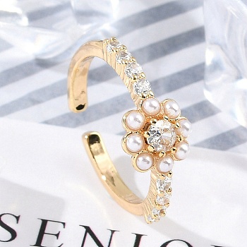 Brass Micro Pave Clear Cubic Zirconia Open Cuff Rings for Women, Flower, with Plastic Pearl, Real 18K Gold Plated, 8x8mm