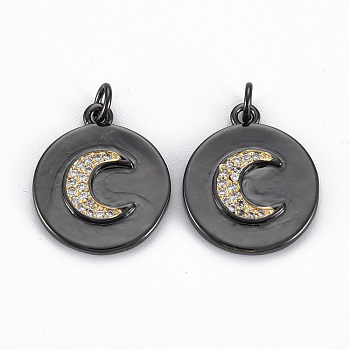 Brass Micro Pave Clear Cubic Zirconia Pendants, with Jump Rings, Nickel Free, Real 16K Gold Plated, Flat Round with Moon, Gunmetal, 20x17x2.5mm, Jump Ring: 5x1mm, 3mm inner diameter