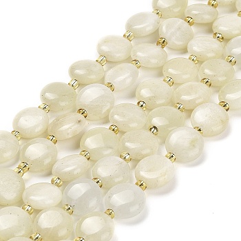 Natural Moonstone Beads Strands, with Seed Beads, Flat Round, 10~10.5x4~5mm, Hole: 0.8mm, about 32pcs/strand, 15.47''(39.3cm)