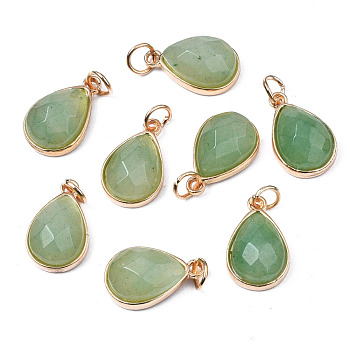 Natural Green Aventurine Pendants, with Light Gold Plated Brass Edge and Iron Loops, Teardrop, Faceted, 19x12x7.5mm, Junp Round: 6x1mm, Inner Diameter: 4mm