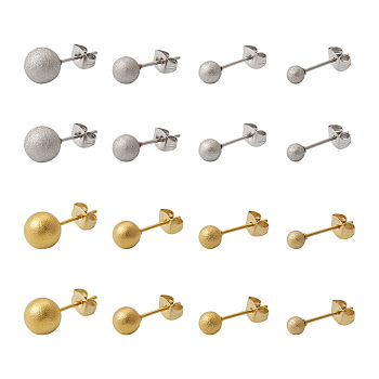 PandaHall Jewelry 16Pairs 8 Styles 304 Stainless Steel Textured Ball Stud Earrings for Women, Golden & Stainless Steel Color, 16~20x4~8mm, Pin: 0.7mm, 2pairs/style