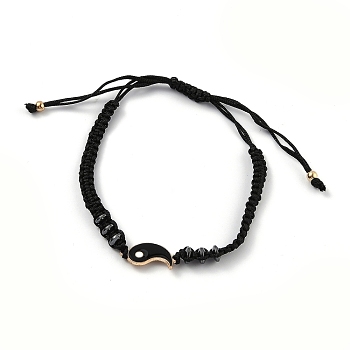 Adjustable Nylon Cord Braided Bead Bracelet, with Alloy Enamel Gossip/Yin Yang Links and Synthetic Hematite Spacer Beads, Black, Golden, Inner Diameter: 1-3/4~3-1/8 inch(4.5~8cm)
