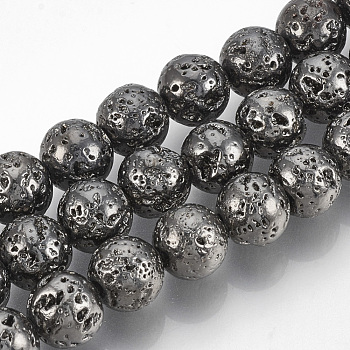 Electroplated Natural Lava Rock Bead Strands, Round, Bumpy, Gunmetal Plated, 10~11mm, Hole: 1mm, about 38pcs/strand, 15.7 inch