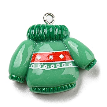 Opaque Resin Pendants, Christmas Charms with Platinum Plated Iron Loops, Green, Clothes, 26x27x8mm, Hole: 2mm