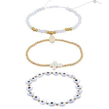 ARRICRAFT 3Pcs 3 Style Rosary Bracelets Set with Virgin Mary Charm, Natural White Jade & Evil Eye Lampwork & Synthetic Turquoise Cross Beaded Stretch Bracelets for Women, Golden, Inner Diameter: 2~4-1/4 inch(5.15~10.8cm), 1Pc/style
