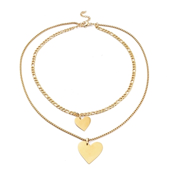 304 Stainless Steel Double Layer Necklaces, with Figaro Chains & Box Chains, Heart, Golden, 17.32 inch(44cm)