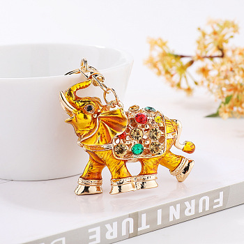 Alloy Rhinestone Keychains, Enamel Style, Elephant Pendant Keychain, Gold, 11cm