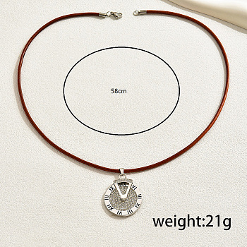 Retro Alloy Hip-hop Style Flat Round with Roman Numerals Pendant Necklaces, PU Leather Cord Necklaces, Silver, 22.83 inch(58cm)