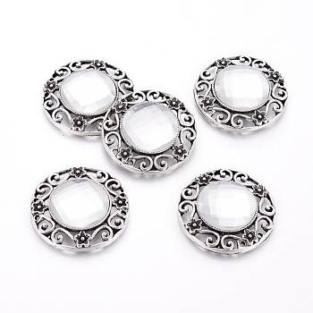 Tibetan Style Alloy Cabochons, with Glass, Flat Round, Antique Silver, 34.5x7mm, Hole: 1.4mm