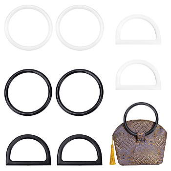 8Pcs 4 Style Plastic Purse Handles, for Bag Handles Replacement Accessories, Round Ring & D Shape, Mixed Color, 12~12.2x8.5~12x0.8~1cm, Inner Diameter: 9.5~10.2x6.1~10.2cm, 2pcs/style