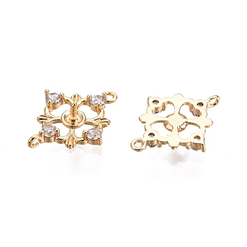 Ion Plating(IP) Brass Pave Clear Cubic Zirconia Connector Charm, Nickel Free, Rhombus Link, for Half-Drilled Beads, Real 18K Gold Plated, 15x12x2mm, Hole: 0.9mm