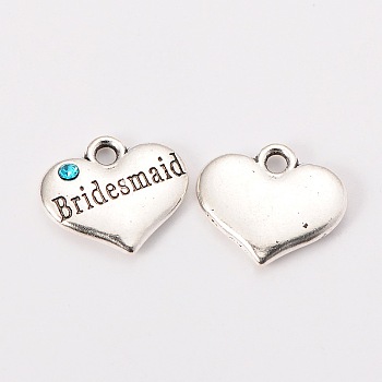 Wedding Theme Antique Silver Tone Tibetan Style Heart with Bridesmaid Rhinestone Charms, Aquamarine, 14x16x3mm, Hole: 2mm