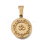 304 Stainless Steel Pendants, with 201 Stainless Steel Snap On Bails, Flat Round with Lotus Pattern Charms, Ion Plating(IP), Golden, 18x15x2mm, Hole: 7x3.5mm(STAS-G400-13G)