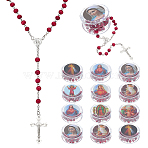 Alloy & Rondelle Wood Rosary Bead Necklaces, Jesus Cross Pendant Necklaces, Platinum, with Random Round Plastic Cases, FireBrick, 26.77 inch(68cm)(NJEW-WH0016-80)