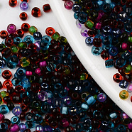 8/0 Glass Seed Beads, Round Hole, Round, Transparent Inside Colours Rainbow & Luster, Mixed Color, 8/0, 3~3.5x2~3mm, Hole: 0.8mm, about 15000pcs/bag, about 450g/bag(SEED-R051-02B-04)