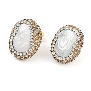 Rack Plating Oval Brass With Rhinestone & Natural Pearl Handmade Indonesia Stud Earrings, Long-Lasting Plated, Dark Goldenrod, 23.5x19mm(EJEW-U010-04B-G)