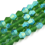Imitate Austrian Crystal Bicone Frosted Glass Beads Strands, Grade AA, Faceted, Green, 4x4mm, Hole: 1mm, about 87~89pcs/strand, 13.19~13.39 inch(33.5~34cm)(GLAA-F029-TM4mm-A25)