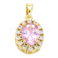 Brass Micro Pave Cubic Zirconia Pendants, Long-Lasting Plated, Real 18K Gold Plated, Oval, Pearl Pink, 15x11x7mm, Hole: 5x3mm(KK-E277-06G)