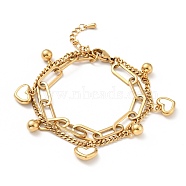 Shell Heart and Round Ball Charm Multi-strand Bracelet, Vacuum Plating 304 Stainless Steel Double Layered Chains Bracelet for Women, Golden, 7-1/2 inch(19cm)(BJEW-G639-12G)