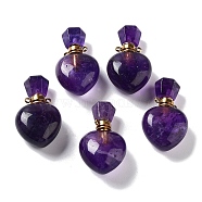 Natural Amethyst Perfume Bottle Pendants, Heart Essentail Oil Diffuser Faceted Bottle Charms with Golden Tone Stainless Steel Findings, for Jewelry Making, 33~33.5x21x13mm, Hole: 1.8mm(G-A026-16C-02)