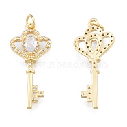 Brass Micro Pave Clear Cubic Zirconia Pendants, with Jump Rings, Key, Real 18K Gold Plated, 32x14x4mm, Hole: 3mm(KK-G431-26G)