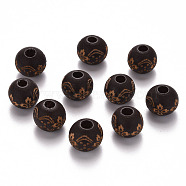 Painted Natural Wood Beads, Laser Engraved Pattern, Round with Flower Pattern, Coconut Brown, 10x9mm, Hole: 3mm(X-WOOD-N006-03A-05)