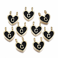 Alloy Enamel Charms, Cadmium Free & Lead Free, Heart with Initial Letters, Light Gold, Black, Letter.C, 14.5x11.5x4.5mm, Hole: 2mm(X-ENAM-T012-02C-RS)