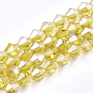 Electroplate Glass Beads Strands, Pearl Luster Plated, Faceted, Bicone, Gold, 6x5.5~6mm, Hole: 1mm, about 44~47pcs/strand, 11.02 inch(X-EGLA-Q118-6mm-A08)