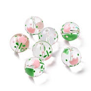 Transparent Glass Beads, with Enamel, Round, Pink, Flower Pattern, 14~15x13~13.5mm, Hole: 1.5~1.6mm(LAMP-B021-03B-18)