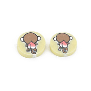 Handmade Polymer Clay Cabochons, Flat Round with Monkey, Light Goldenrod Yellow, 9~9.5x1.5~2mm, about 5800pcs/1000g(CLAY-N006-98)