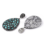 Synthetic Turquoise Big Pendants, with Polymer Clay Rhinestone, PU Leather and Gunmetal Plated Alloy Findings, Teardrop, 64x48x8~9mm, Hole: 4.5x10mm(RB-T013-06)