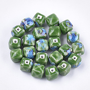 Handmade Porcelain Beads, Fancy Antique Glazed Porcelain, Cube , Green, 13x13~14x13~14mm, Hole: 2mm(PORC-S498-09A)