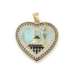 Rack Plating Brass Micro Pave Clear Cubic Zirconia Pendants, with Enamel, Long-Lasting Plated, Lead Free & Cadmium Free, Heart with Castle Charms, Light Cyan, 28x27.5x4mm, Hole: 3.5x5mm(KK-H474-24A-03G)