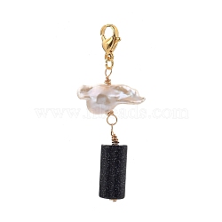 Synthetic Blue Goldstone Big Pendants, with Keshi Pearl Beads and Golden Plated 304 Stainless Steel Lobster Claw Clasps, Column, 55mm(HJEW-JM00395-02)