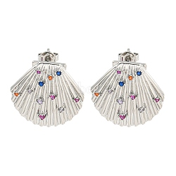 Rack Plating Brass Micro Pave Cubic Zirconia Stud Earring, Cadmium Free & Lead Free, Long-Lasting Plated, Shell, Colorful Shape, Platinum, 20x21mm(EJEW-C102-35P-02)
